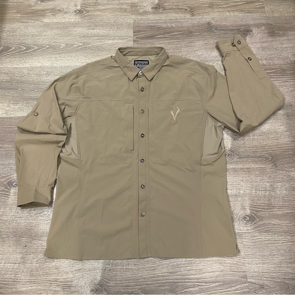 Vycah Men's XL Trophy Tee Hunting Shirt Khaki Nylon Spandex Vented - Picture 2 of 13